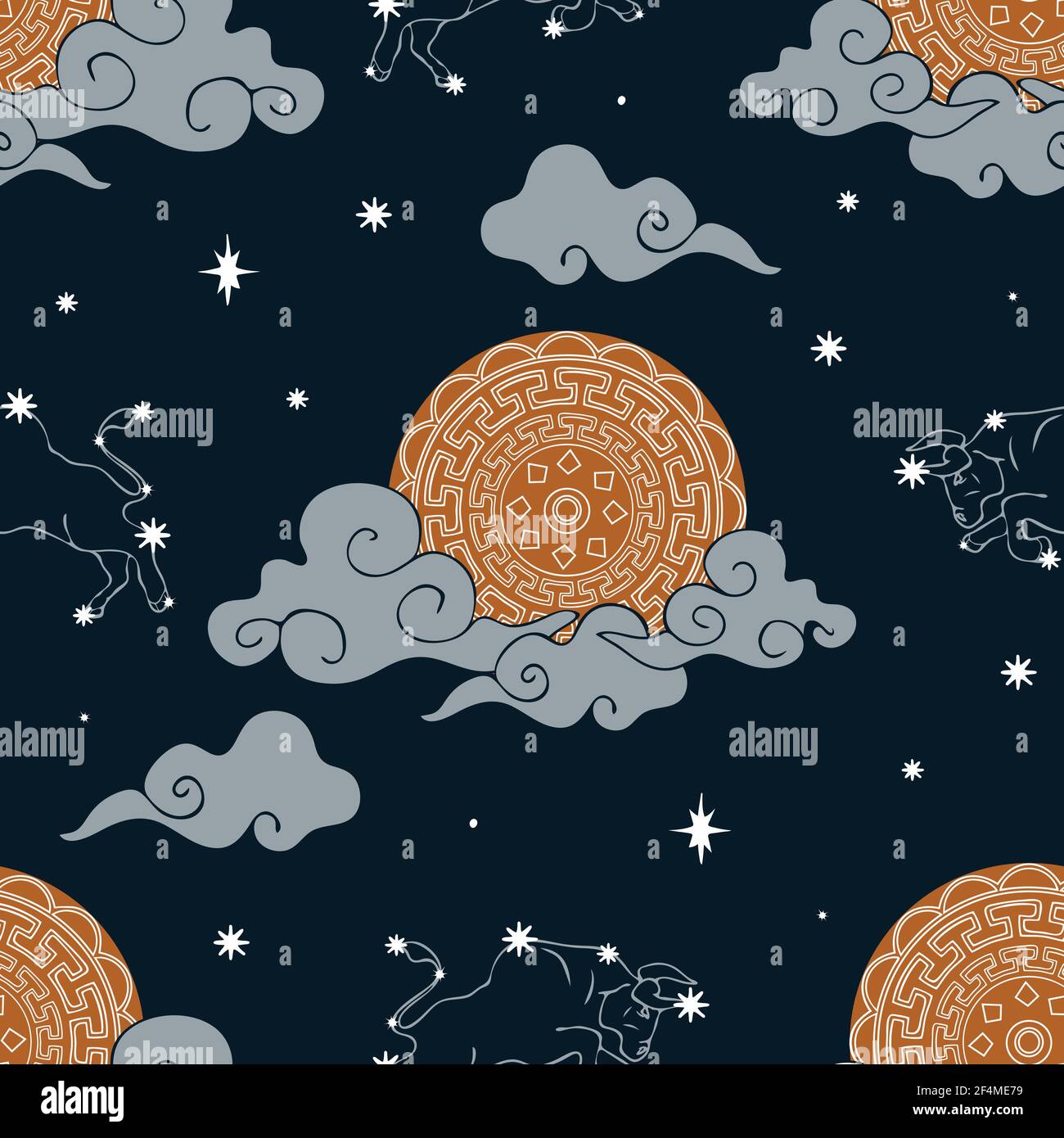 Nahtloses Vektor-Muster mit Ochsen Tierkreis Himmel auf dunkelblauem Hintergrund. Horoskop Symbol Tapete Design mit chinesischen Mond. Stock Vektor