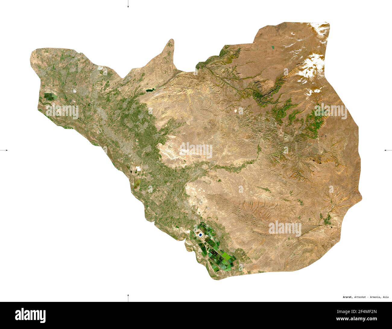 Ararat, Provinz Armenien. Sentinel-2 Satellitenbilder. Form isoliert auf weißem Volumenkörper. Beschreibung, Lage der Hauptstadt. Enthält modifizierte Cope Stockfoto