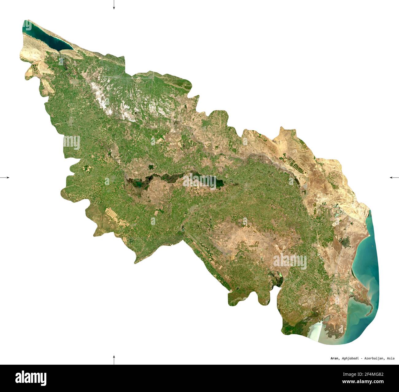 Aran, Region von Aserbaidschan. Sentinel-2 Satellitenbilder. Form isoliert auf weiß. Beschreibung, Lage der Hauptstadt. Enthält modifizierten Copernicus Stockfoto