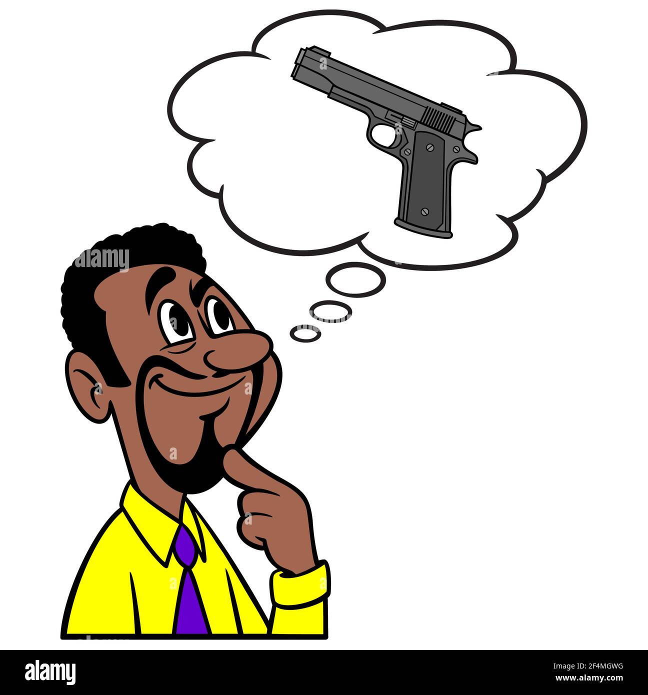Mann, der an eine Handfeuerwaffe denkt - EINE Cartoon-Illustration eines Mannes, der an Handfeuerwaffe zum Schutz denkt. Stock Vektor
