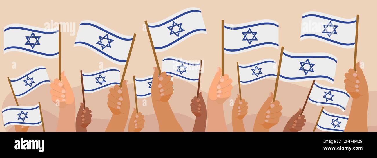 Happy Israel Independence Day Banner, Hände halten israel Flagge. Jüdische Nationalfeiertage. Vektorgrafik Stock Vektor