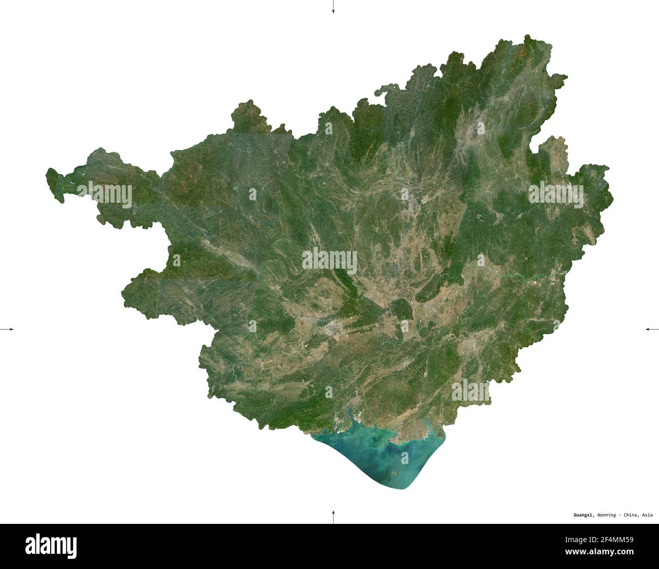 Guangxi, autonome Region von China. Sentinel-2 Satellitenbilder. Form isoliert auf weißem Volumenkörper. Beschreibung, Lage der Hauptstadt. Enthält Modif Stockfoto