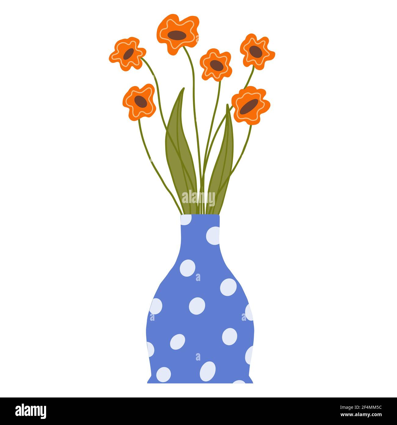 Bouquet von Feld orange Mohnblumen in einer blauen Vase. Schöne blühende Komposition mit Blättern und Stiel isoliert auf weiß. Stock Vektor