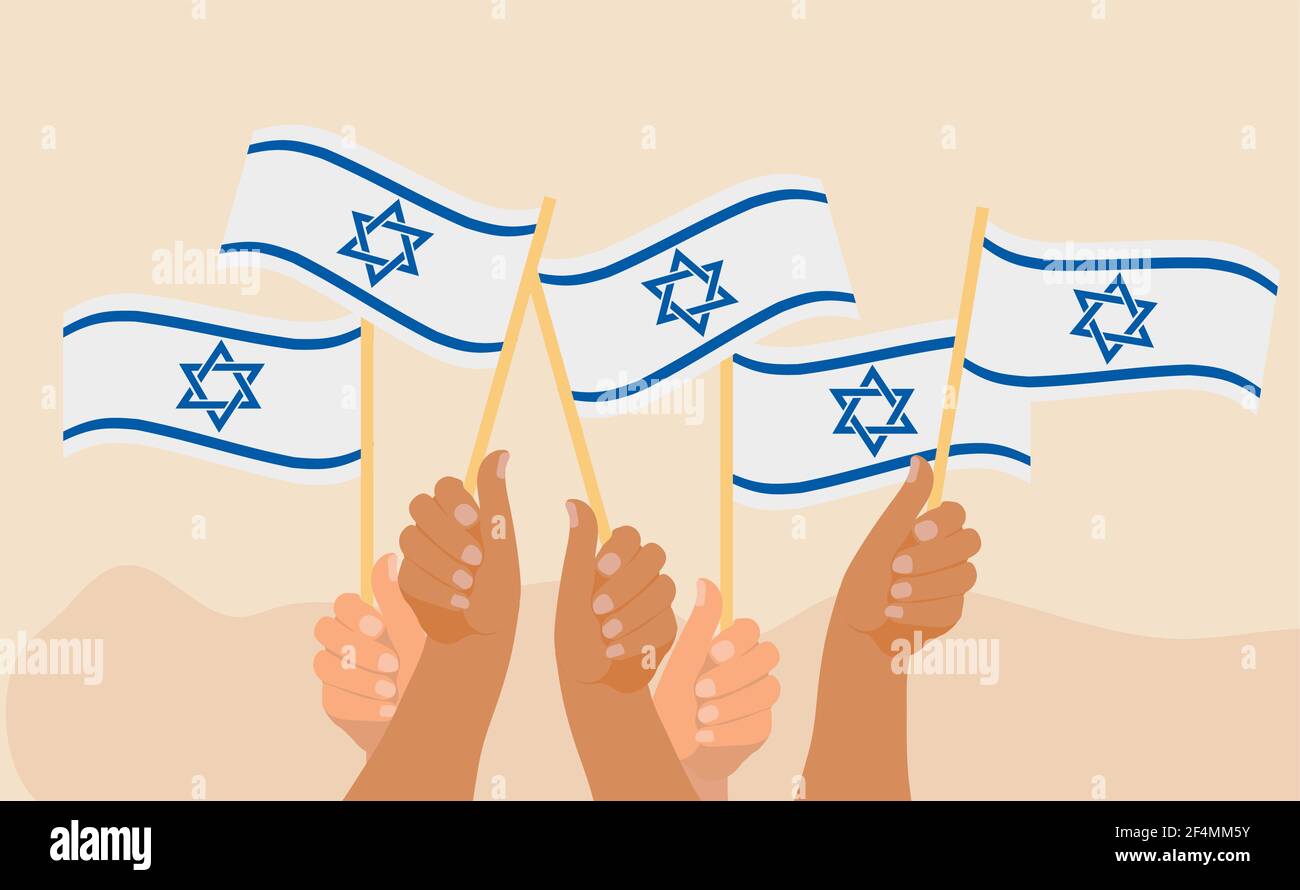 Happy Israel Independence Day Banner, Hände halten israel Flagge. Jüdische Nationalfeiertage. Vektorgrafik Stock Vektor