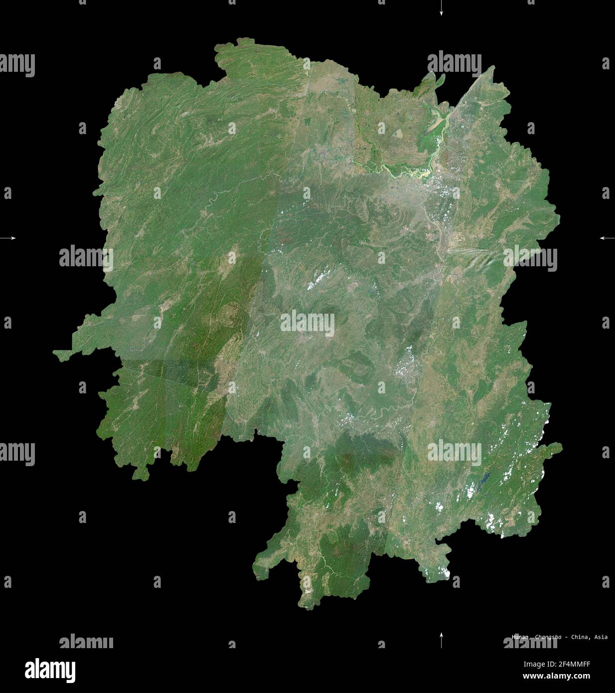 Hunan, Provinz China. Sentinel-2 Satellitenbilder. Form isoliert auf schwarz. Beschreibung, Lage der Hauptstadt. Enthält modifizierte Copernicus SE Stockfoto