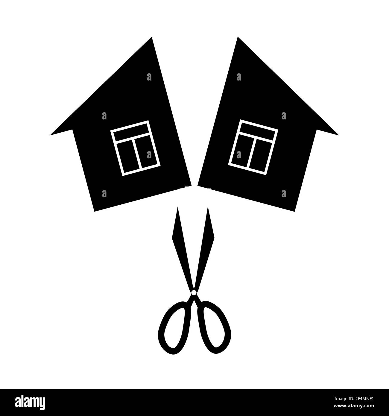 Konzept der Scheidung und Teilung des Eigentums. Schwarz monochrom Vektor Illustration Haus in zwei Hälften geschnitten. Stock Vektor
