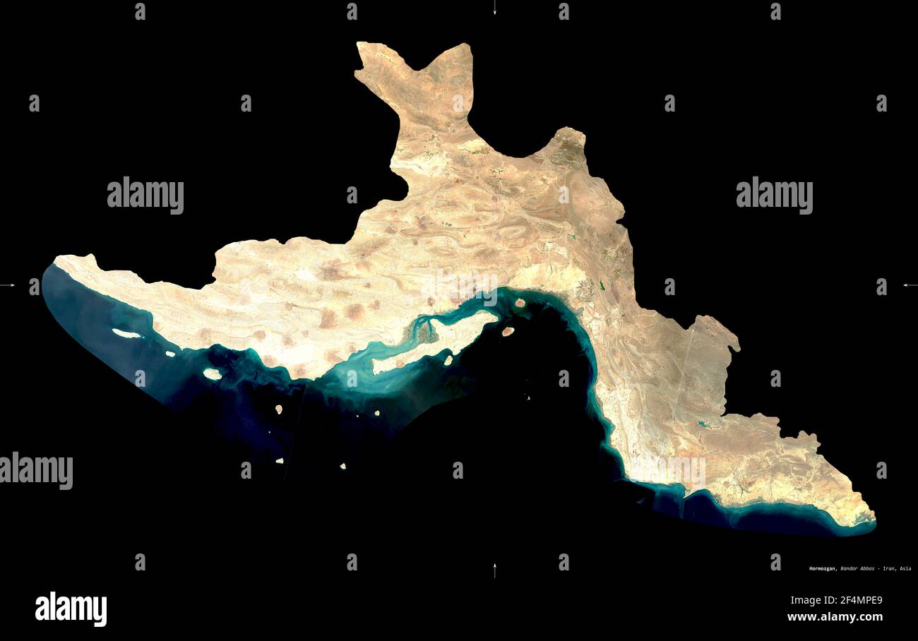 Hormozgan, Provinz Iran. Sentinel-2 Satellitenbilder. Form isoliert auf schwarz. Beschreibung, Lage der Hauptstadt. Enthält modifizierten Copernicus Stockfoto