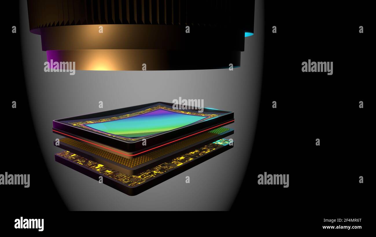 Gebogener Sensor für Digitalkamera mit Objektiv, Prototyp 3D Rendering, gestapelt: Matrix, magnetischer Bieger, Speicher, Prozessor. Leerzeichen für Text. Stockfoto