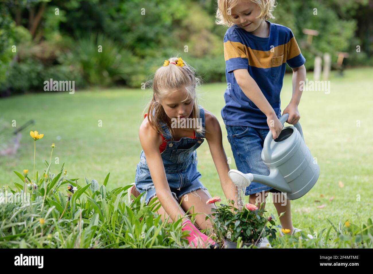 Glücklich kaukasischen Bruder und Schwester im Garten Bewässerung Pflanzen und Gemeinsam gärtnern Stockfoto