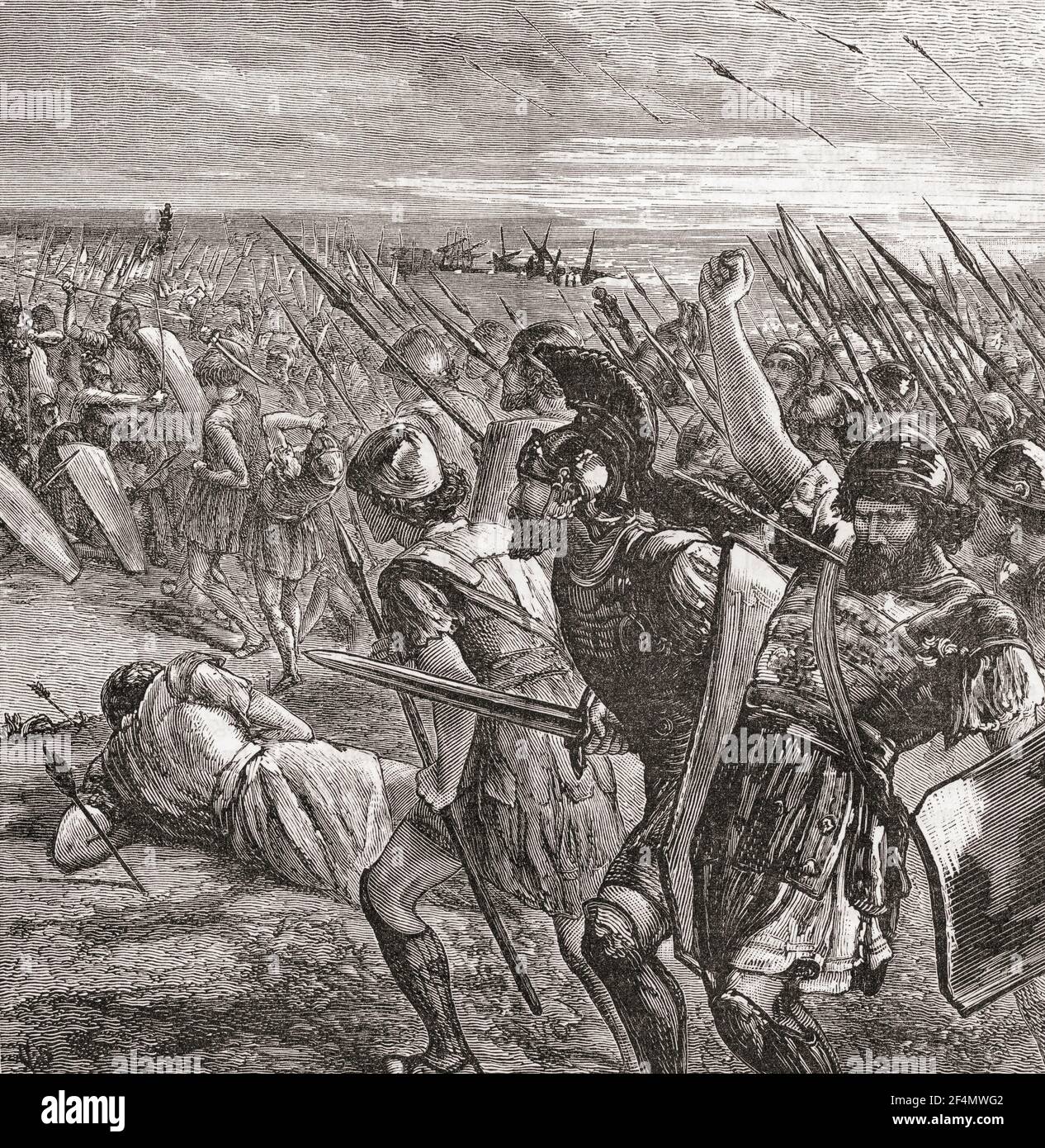 Die Schlacht von Marathon, 490 BC, während der ersten persischen Invasion von Griechenland, kämpfte zwischen Athen, unterstützt durch Plataea, und das persische Reich. Aus Cassells Universal History, veröffentlicht 1888. Stockfoto