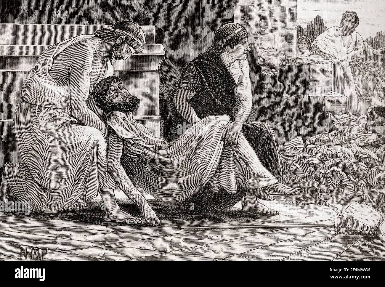 Der Tod von Pausanius, gezwungen, im Tempel von Athena durch den Spartan Ephors des Hungers zu sterben. Pausanias, starb c. 477 V. CHR. Spartanischer Regent und General. Aus Cassells Universal History, veröffentlicht 1888. Stockfoto