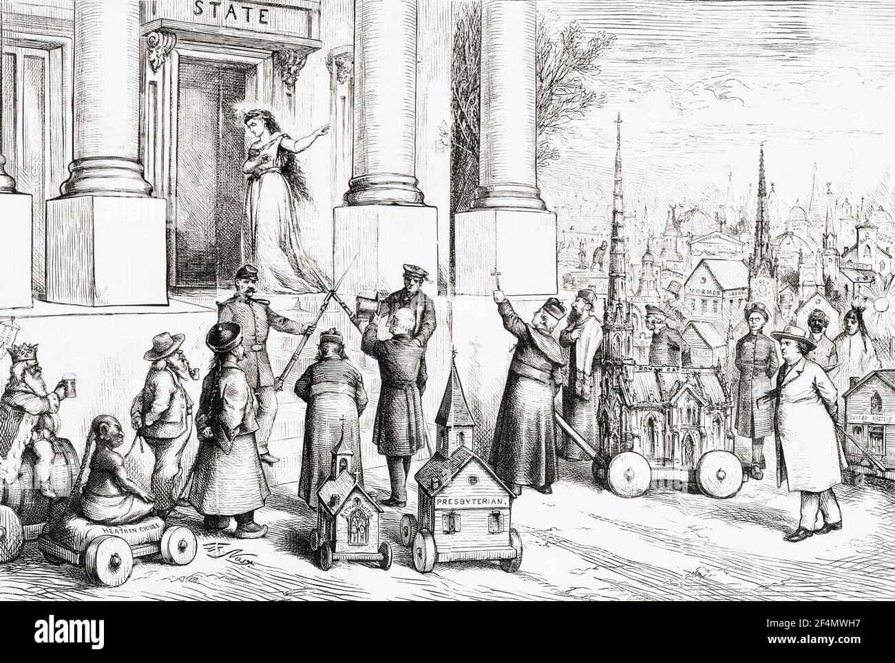 „Kirche und Staat - Keine Union zu irgendwelchen Bedingungen.“ Politische Karikatur aus den Vereinigten Staaten von Amerika, veröffentlicht in Harper’s Weekly, 25. Februar 1871, Verteidigung des Säkularismus. Nach einer Arbeit von Thomas Nast. Stockfoto