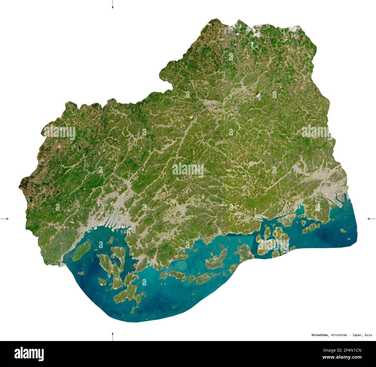 Hiroshima, Präfektur von Japan. Sentinel-2 Satellitenbilder. Form isoliert auf weiß. Beschreibung, Lage der Hauptstadt. Enthält modifizierte Coperni Stockfoto