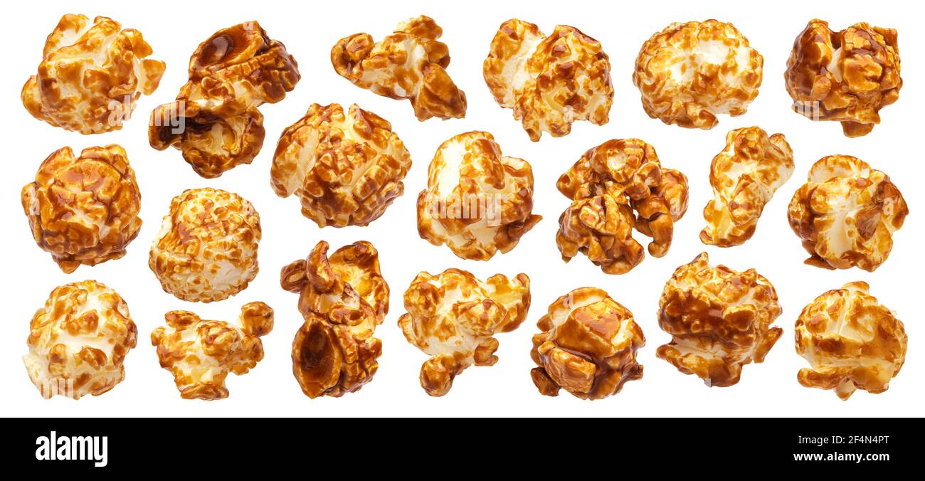 Karamell Popcorn isoliert auf weißem Hintergrund Stockfoto