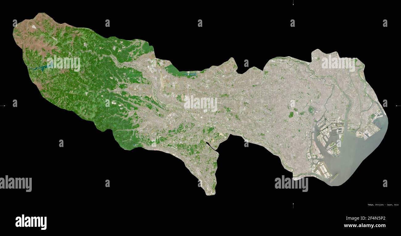 Tokio, Metropole Japans. Sentinel-2 Satellitenbilder. Form isoliert auf schwarz. Beschreibung, Lage der Hauptstadt. Enthält modifizierten Copernicus Stockfoto