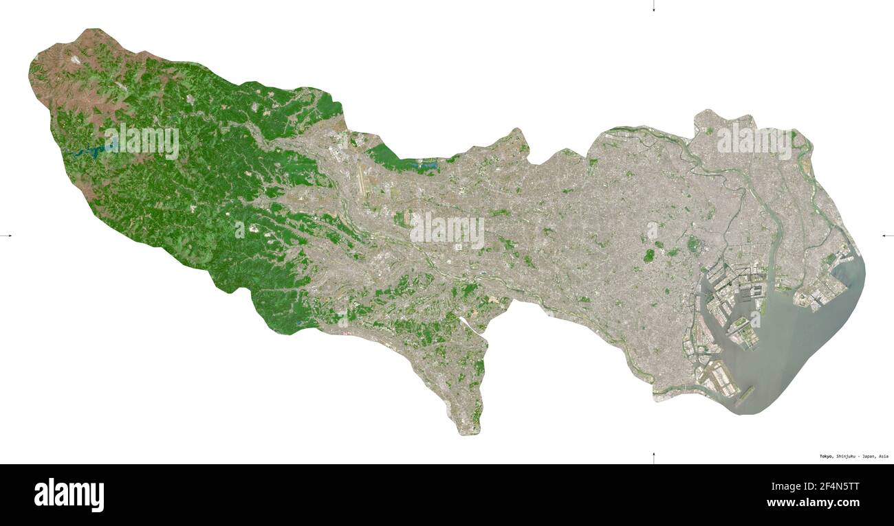 Tokio, Metropole Japans. Sentinel-2 Satellitenbilder. Form isoliert auf weiß. Beschreibung, Lage der Hauptstadt. Enthält modifizierten Copernicus Stockfoto