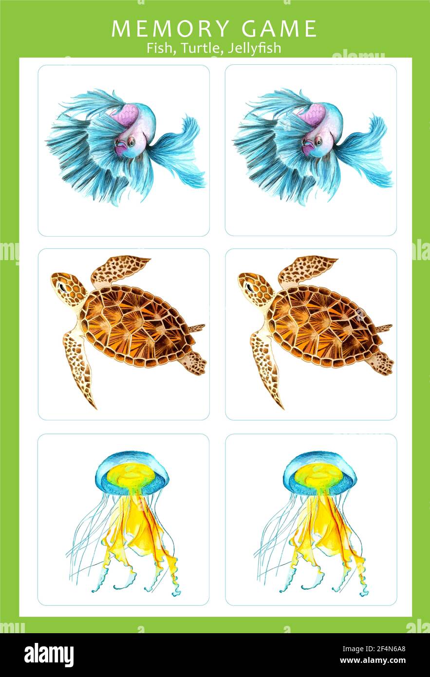 Memory-Spiel mit handgezeichneten Aquarell-Illustrationen von bunten Tieren. Kinder spielen Karten Tischspiel. Schneiden und spielen, finden Sie zwei identische Bilder. Stockfoto