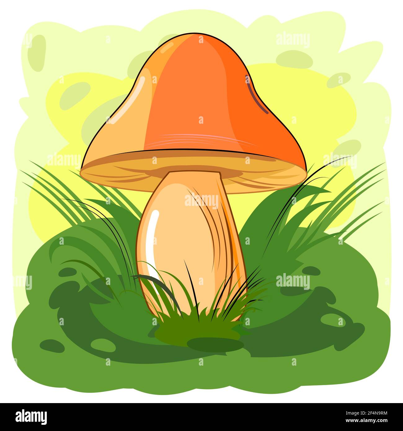 Oranger Pilz auf abstraktem Hintergrund. Bild. Vektor auf Weiß isoliert. Flacher Cartoon-Stil. Schöner kleiner Waldpilz im Gras. Stock Vektor