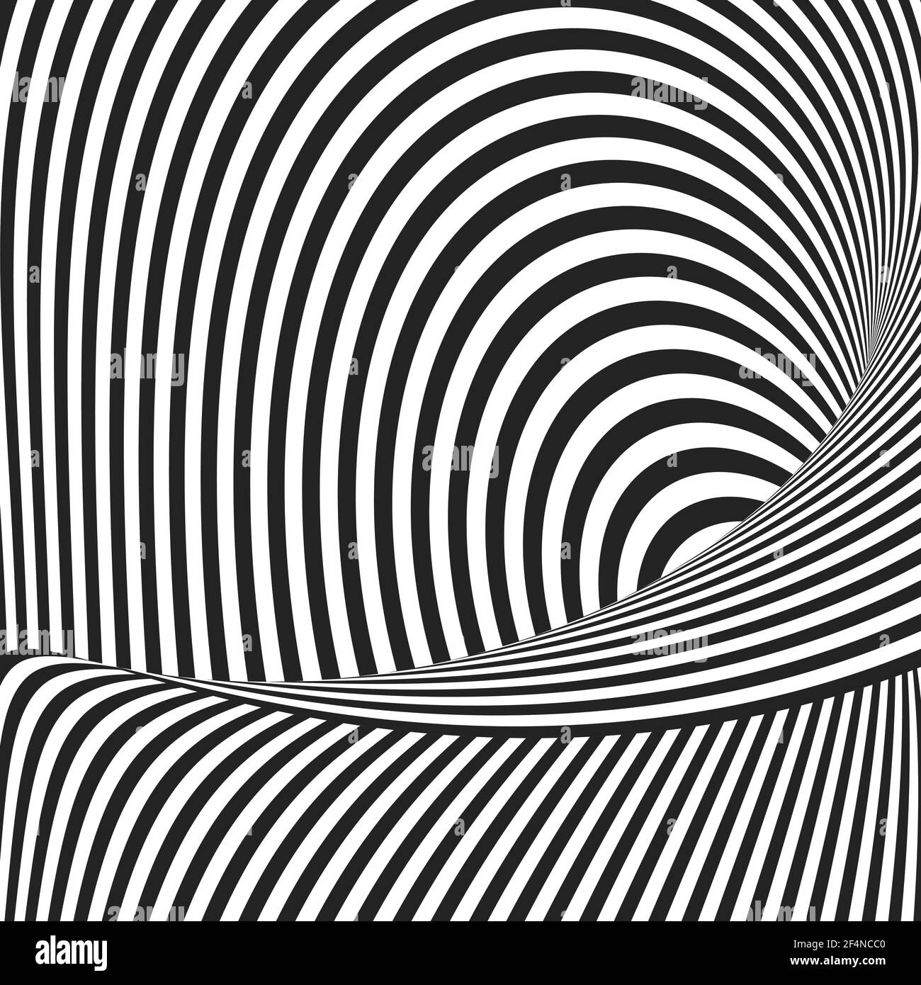 Schwarze und weiße hypnotische Linien. Abstrakter Hintergrund mit optischem Illusion-Effekt. Wirbelförmige gestreifte Kulisse. Vektorgrafik. Stock Vektor