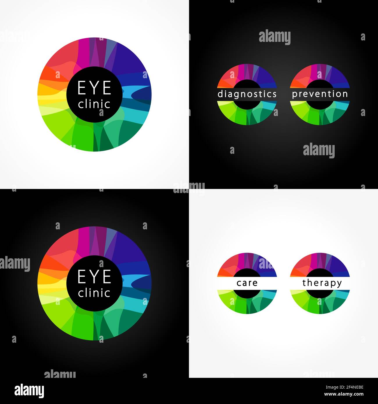 Eye clinic rundes Logo. Helle Glaslogotyp, Farbe Iris, Augenheilkunde diagnostische Gesundheitszentren und Krankenhäuser. Medizinisch, musikalisch Stock Vektor