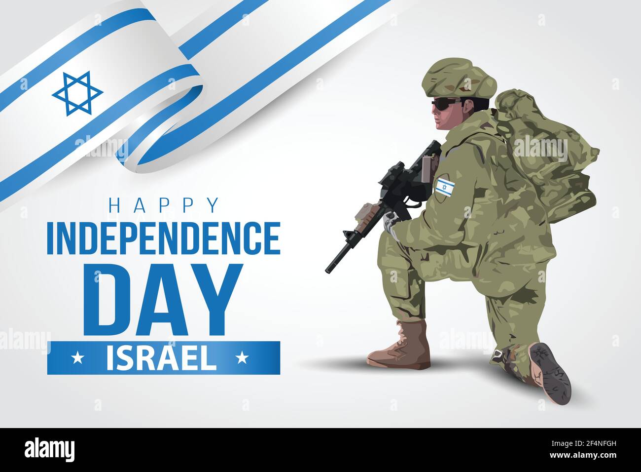 Hintergrund für Happy Independence Day von Isrel. Ein Soldat mit Pistole und Flagge. Vektorgrafik. Stock Vektor