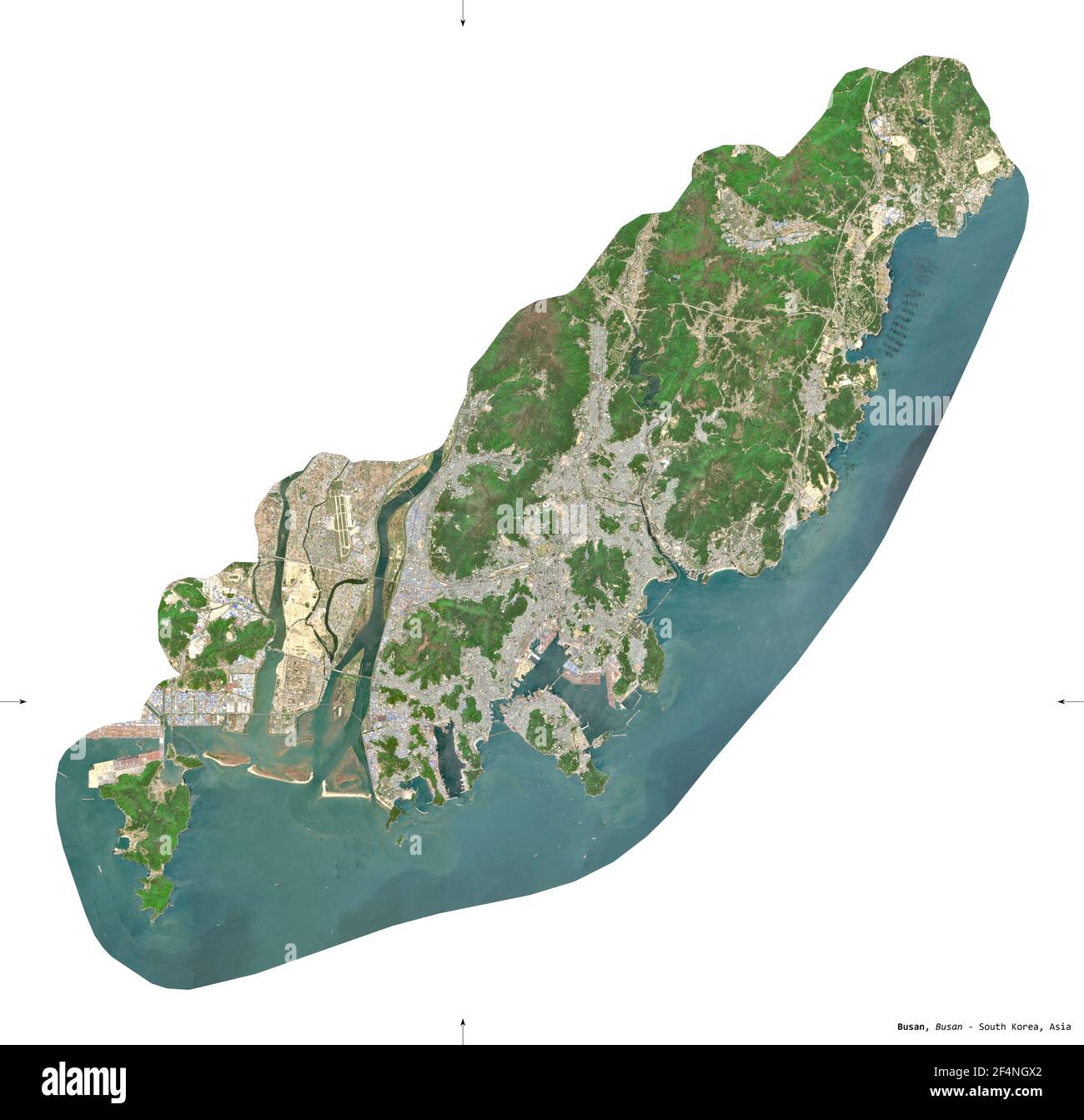 Busan, Metropole Südkorea. Sentinel-2 Satellitenbilder. Form isoliert auf weiß. Beschreibung, Lage der Hauptstadt. Enthält Modifie Stockfoto