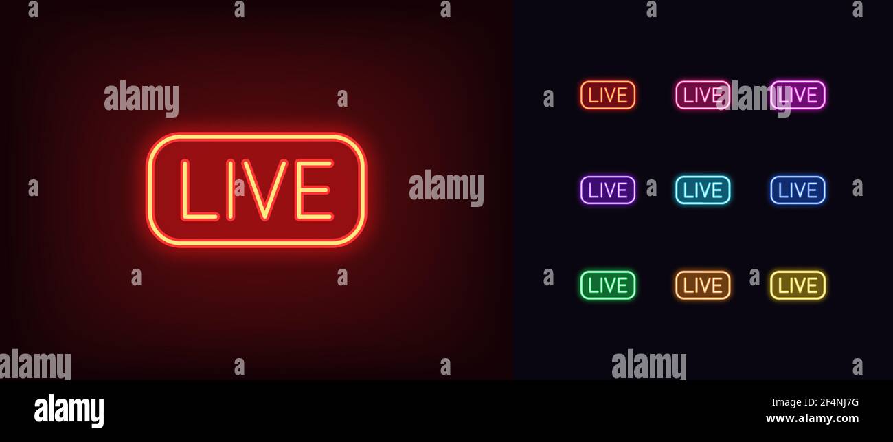 Neon-Livestream-Symbol. Leuchtendes Neon Rundfunkschild, Umriss Logo und Symbol in lebendigen Farben. Streaming-Tag, Online-Webinar, Gaming-Livestream. Symbol Stock Vektor