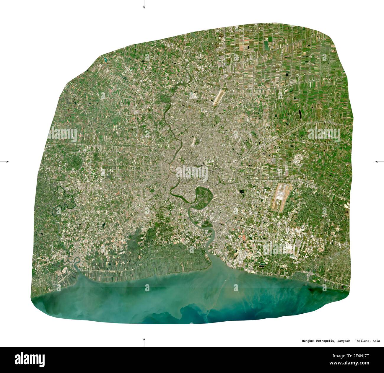 Bangkok Metropolis, Provinz Thailand. Sentinel-2 Satellitenbilder. Form isoliert auf weiß. Beschreibung, Lage der Hauptstadt. Enthält Modifi Stockfoto