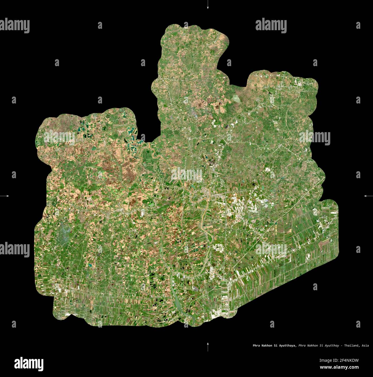 Phra Nakhon Si Ayutthaya, Provinz Thailand. Sentinel-2 Satellitenbilder. Form isoliert auf schwarz. Beschreibung, Lage der Hauptstadt. Enthält Stockfoto