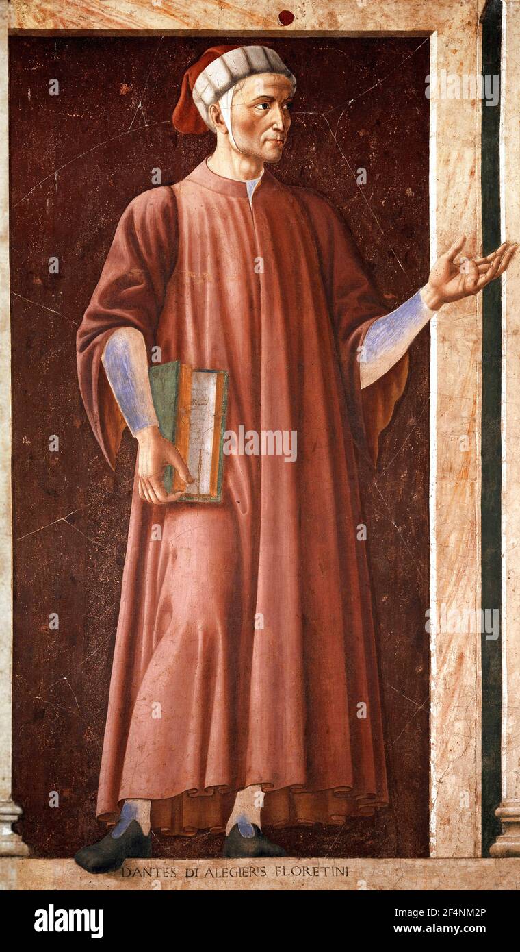 Dante. Porträt des italienischen Dichters und Staatsmannes, Dante Alighieri (1265-1321) von Andrea del Castagno (oder Andrea di Bartolo di Bargilla, c. 1419-1457), Fresko, auf Holz übertragen, c. 1450 Stockfoto