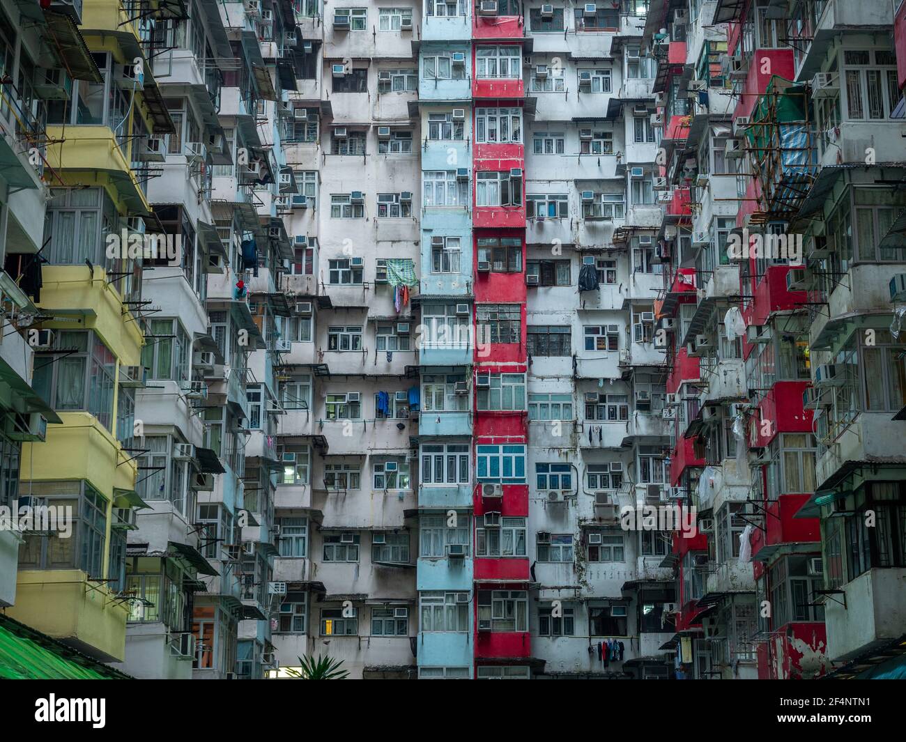 Hohe Wohngebäude in Quarry Bay in Hong Kong, China, einem der am dichtesten besiedelten Orte der Welt. Stockfoto