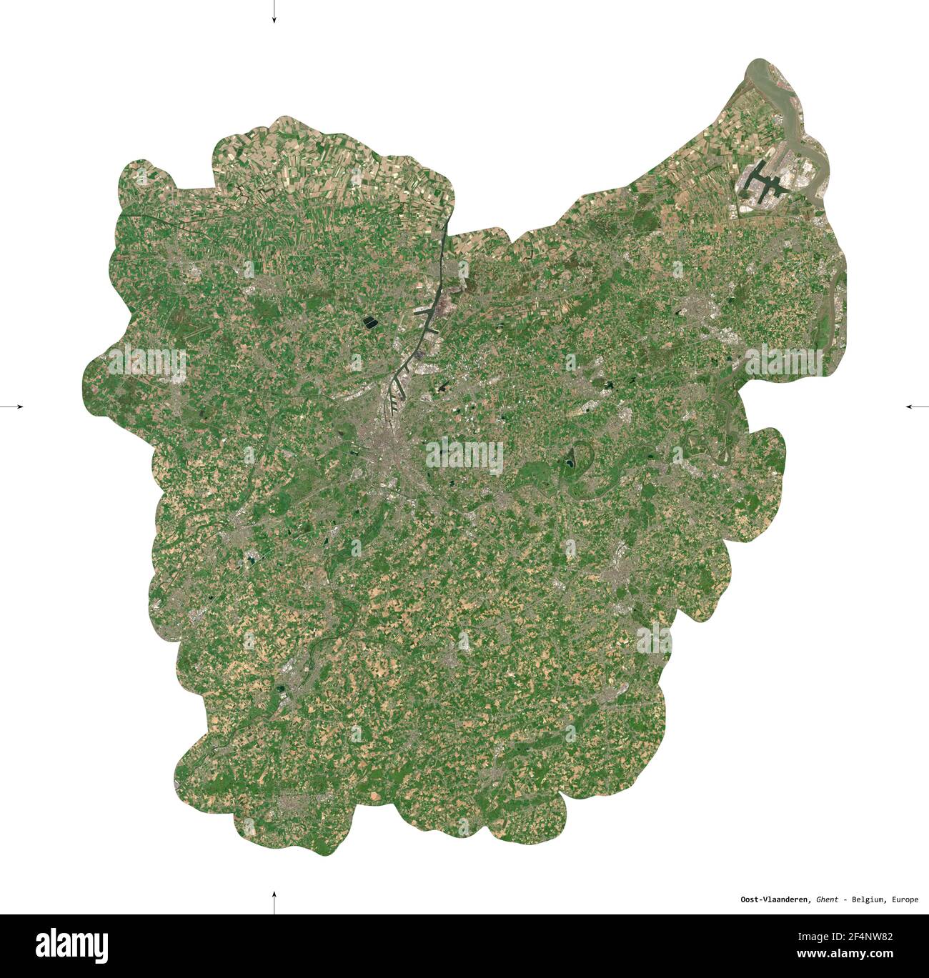 Oost-Vlaanderen, Provinz Belgien. Sentinel-2 Satellitenbilder. Form isoliert auf weißem Volumenkörper. Beschreibung, Lage der Hauptstadt. Enthält Modi Stockfoto