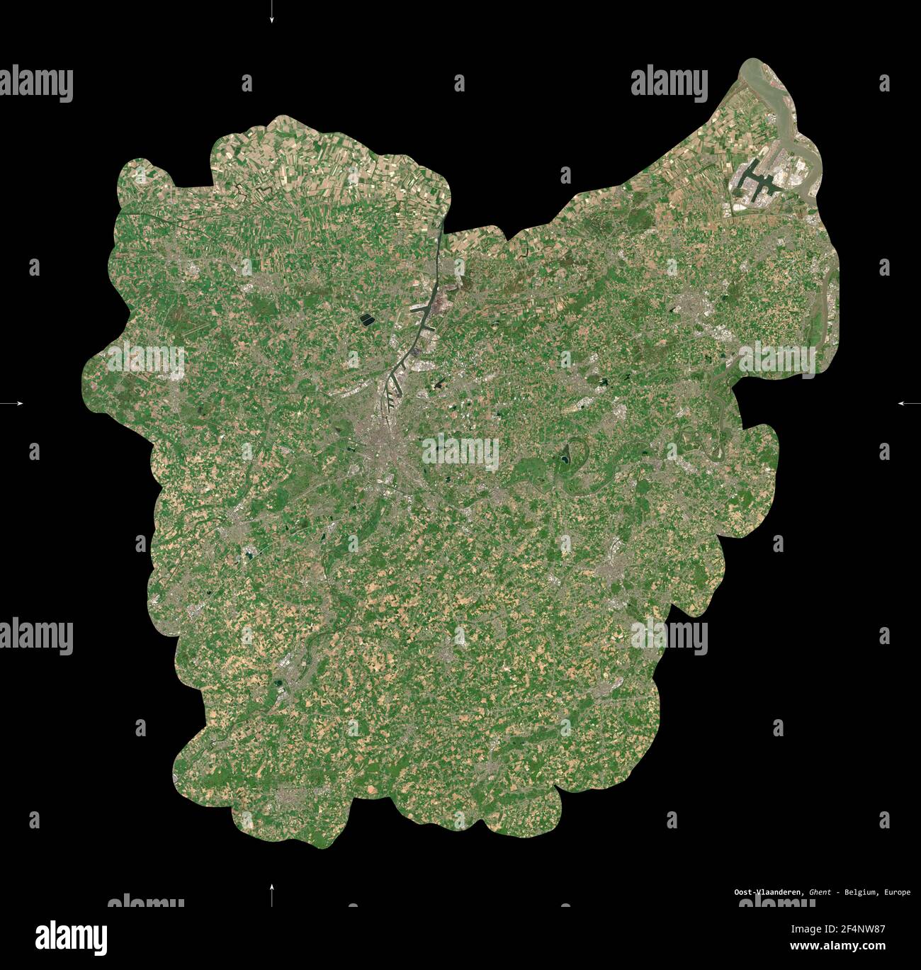Oost-Vlaanderen, Provinz Belgien. Sentinel-2 Satellitenbilder. Form isoliert auf schwarz. Beschreibung, Lage der Hauptstadt. Enthält modifiziertes C Stockfoto