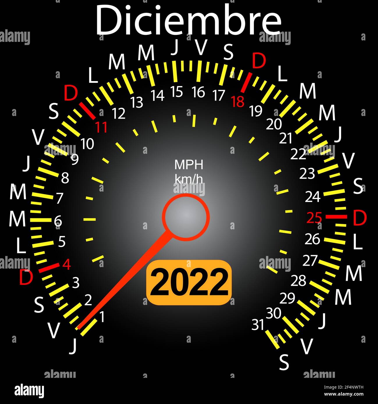 2022 Jahre Kalender Tachometer Auto in Spanisch Dezember. Stock Vektor