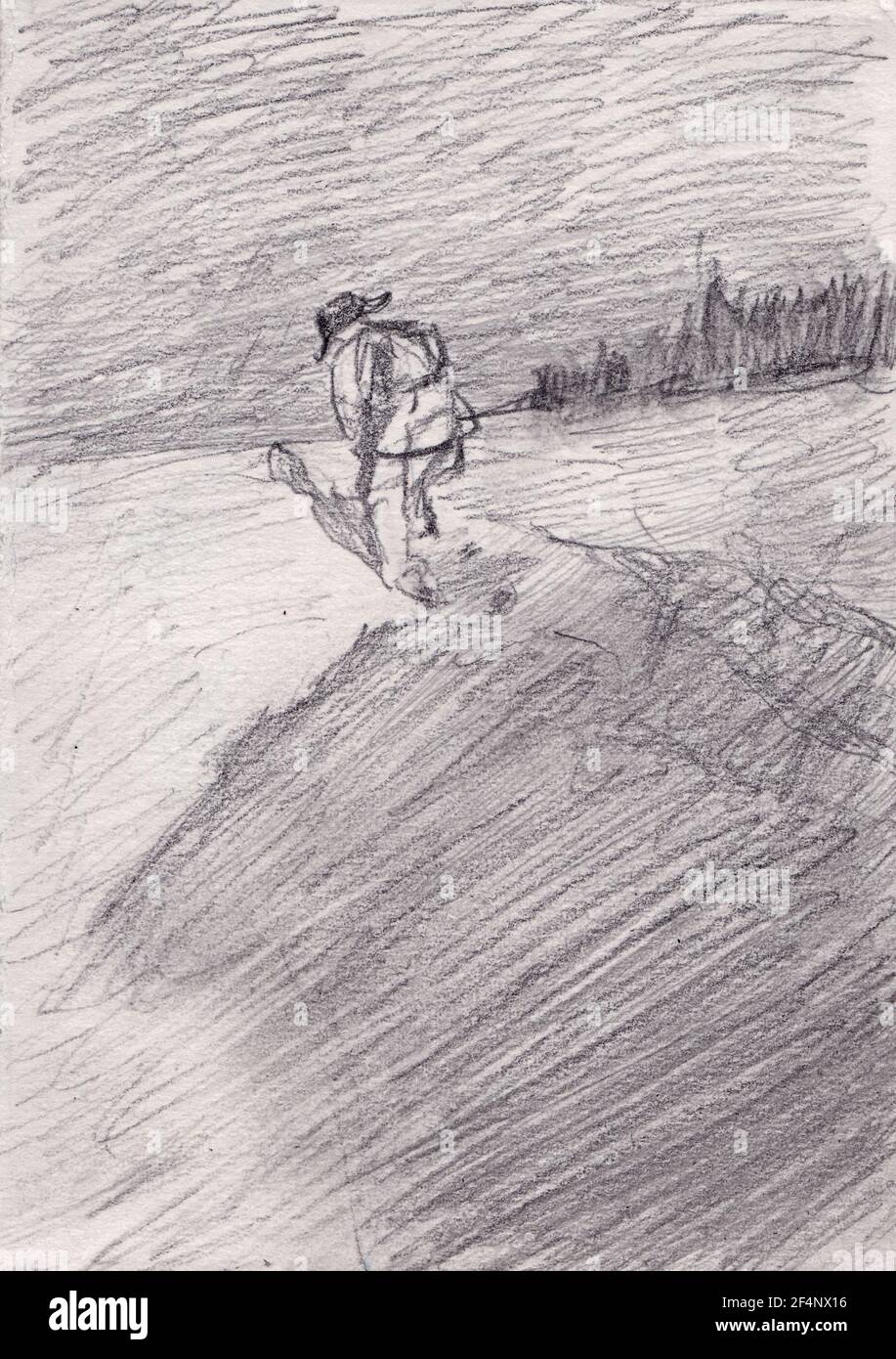 Verschneite Illustration mit einem einsamen Mann, Bleistift Stockfoto