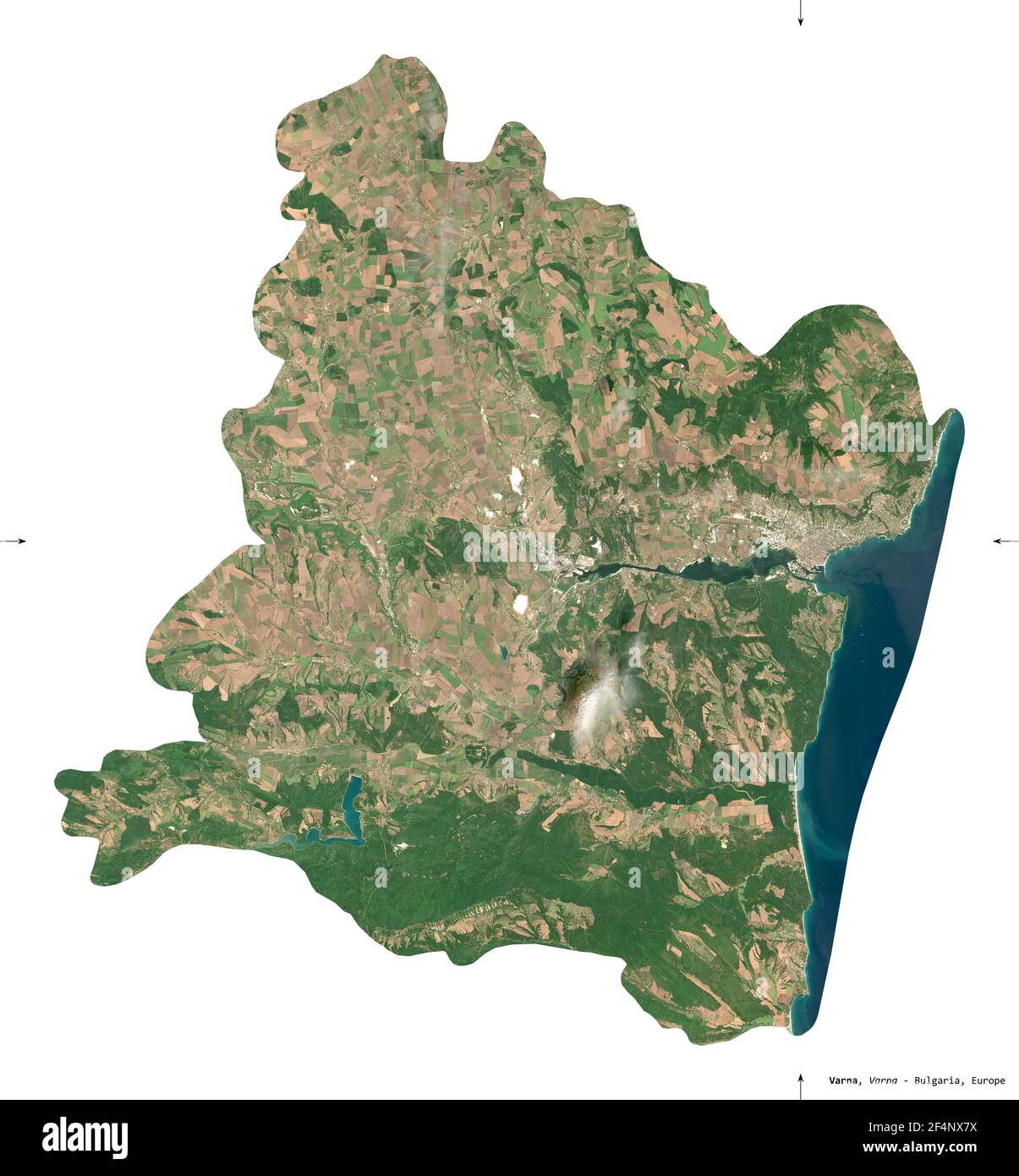 Varna, Provinz Bulgarien. Sentinel-2 Satellitenbilder. Form isoliert auf weiß. Beschreibung, Lage der Hauptstadt. Enthält modifizierten Copernicus Stockfoto