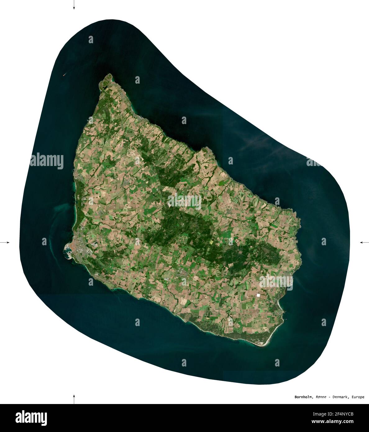 Bornholm, Insel Dänemark. Sentinel-2 Satellitenbilder. Form isoliert auf weiß. Beschreibung, Lage der Hauptstadt. Enthält modifizierten Copernicus Stockfoto