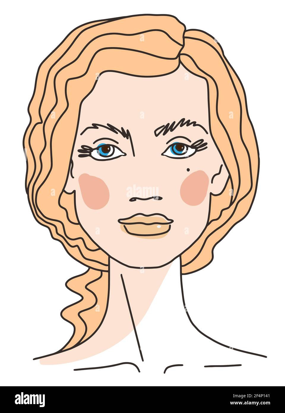 Europäische blonde Mädchen Abstract Porträt der jungen Frau mit lockigen Haaren. Linie Zeichnung Gesicht ästhetische Kontur. Skizzenvektordarstellung Stock Vektor
