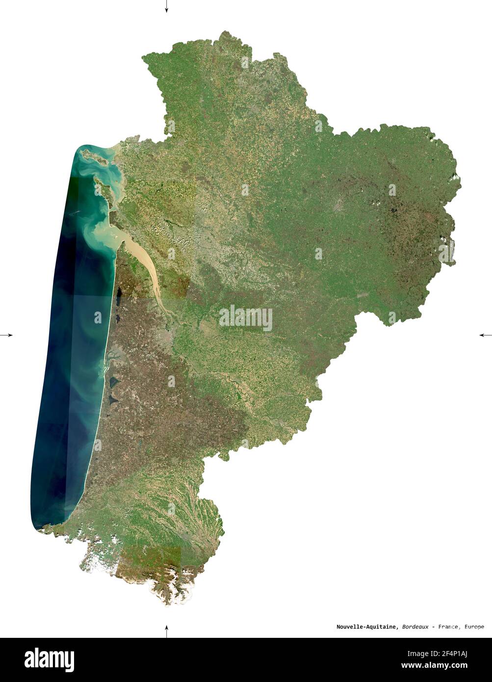 Nouvelle-Aquitaine, Region Frankreich. Sentinel-2 Satellitenbilder. Form isoliert auf weiß. Beschreibung, Lage der Hauptstadt. Enthält modifiziertes C Stockfoto