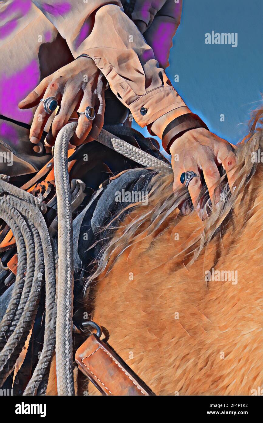 USA, Colorado, Westcliffe, Music Meadows Ranch. Detail der weiblichen Ranch Hand mit türkisfarbenem Schmuck. Modell Freigegeben. Digitale Kunst Stockfoto