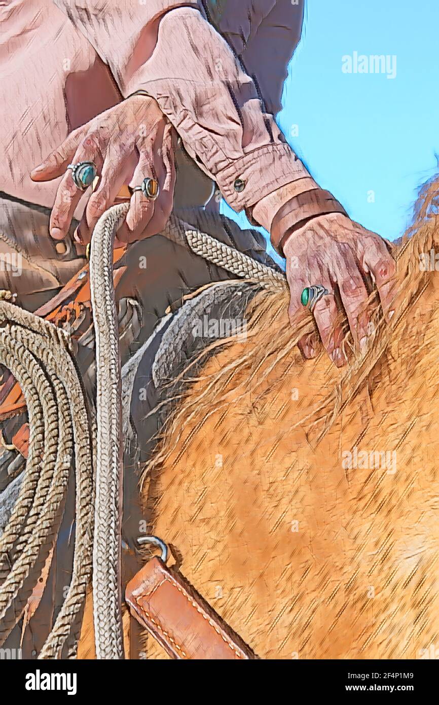 USA, Colorado, Westcliffe, Music Meadows Ranch. Detail der weiblichen Ranch Hand mit türkisfarbenem Schmuck. Modell Freigegeben. Digitale Kunst Stockfoto