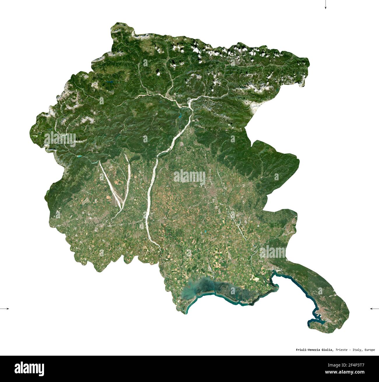 Friaul-Julisch Venetien, autonome Region Italiens. Sentinel-2 Satellitenbilder. Form isoliert auf weiß. Beschreibung, Lage der Hauptstadt. Kontakt Stockfoto