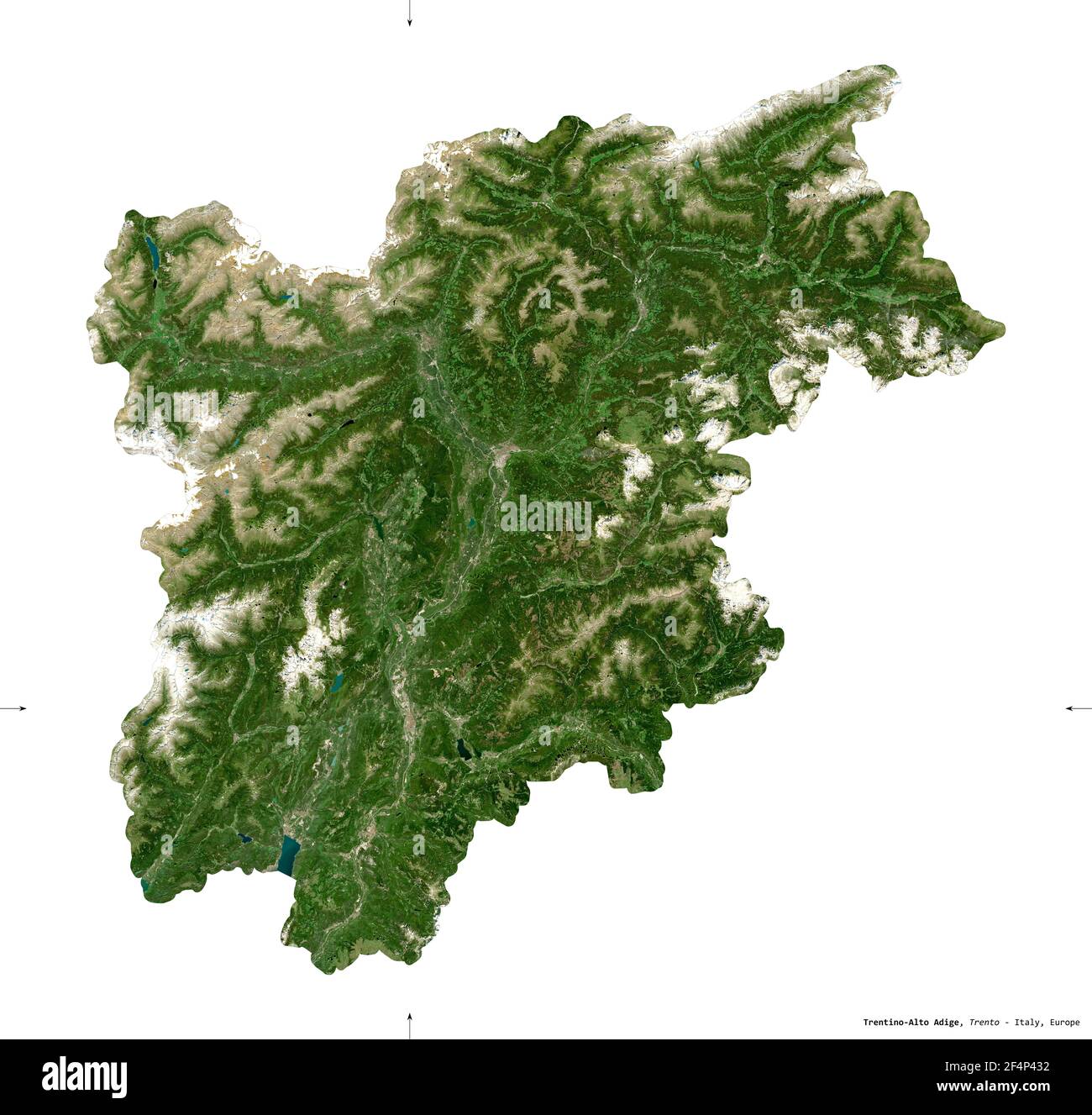 Trentino-Südtirol, autonome Region Italiens. Sentinel-2 Satellitenbilder. Form isoliert auf weiß. Beschreibung, Lage der Hauptstadt. Enthält Stockfoto