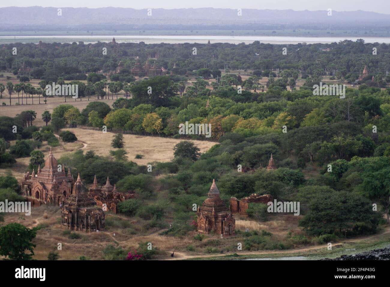 BAGAN, NYAUNG-U, MYANMAR - 3. JANUAR 2020: Blick über die weiten Ebenen von Bagan mit seinen historischen Tempeln und Feldern vom hohen Nan Myint Stockfoto