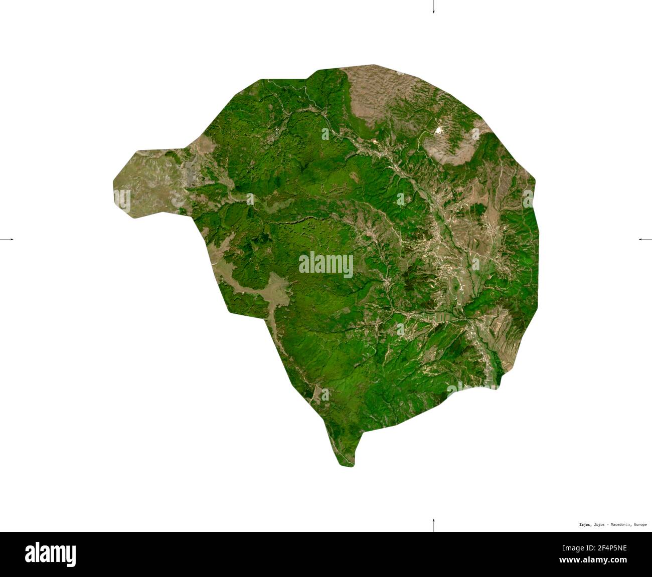 Zajas, Gemeinde Mazedonien. Sentinel2 Satellitenbilder. Form isoliert