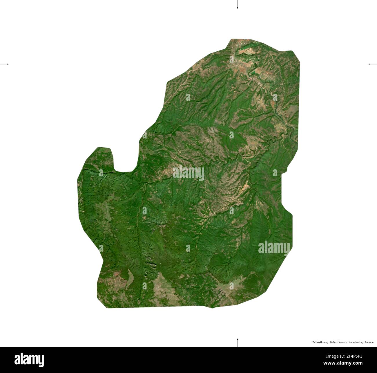 Zelenikovo, Gemeinde Mazedonien. Sentinel-2 Satellitenbilder. Form isoliert auf weiß. Beschreibung, Lage der Hauptstadt. Enthält geändert Stockfoto