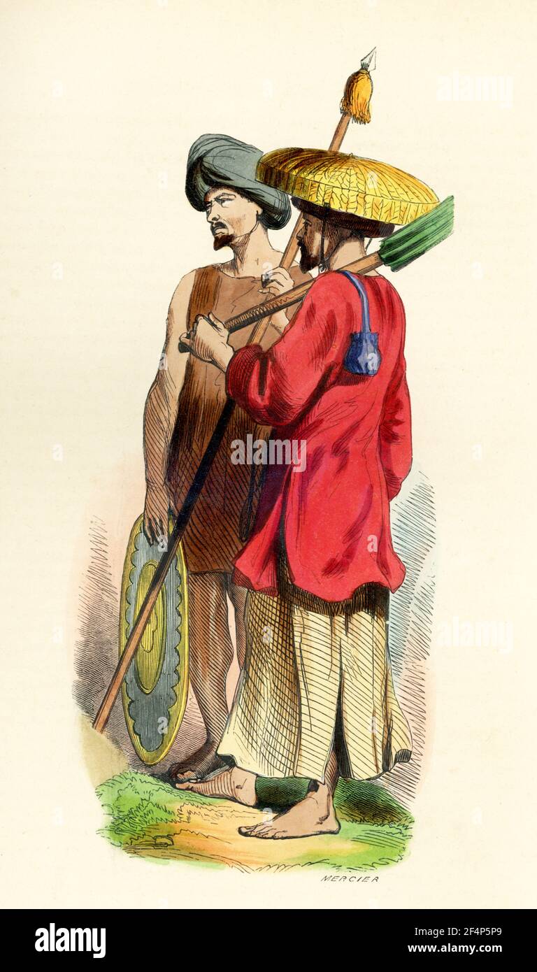 Diese Abbildung von 1840s zeigt zwei Cochinchinesen (Vietnamesen) – ein Einheimischer und ein Soldat. Cochinchina ist der historische Name von Ausländern zu Teil von Vietnam gegeben, je nach den Kontexten. Manchmal bezog es sich auf ganz Vietnam, aber es wurde allgemein verwendet, um die Region südlich des Gianh Flusses zu beziehen. Stockfoto