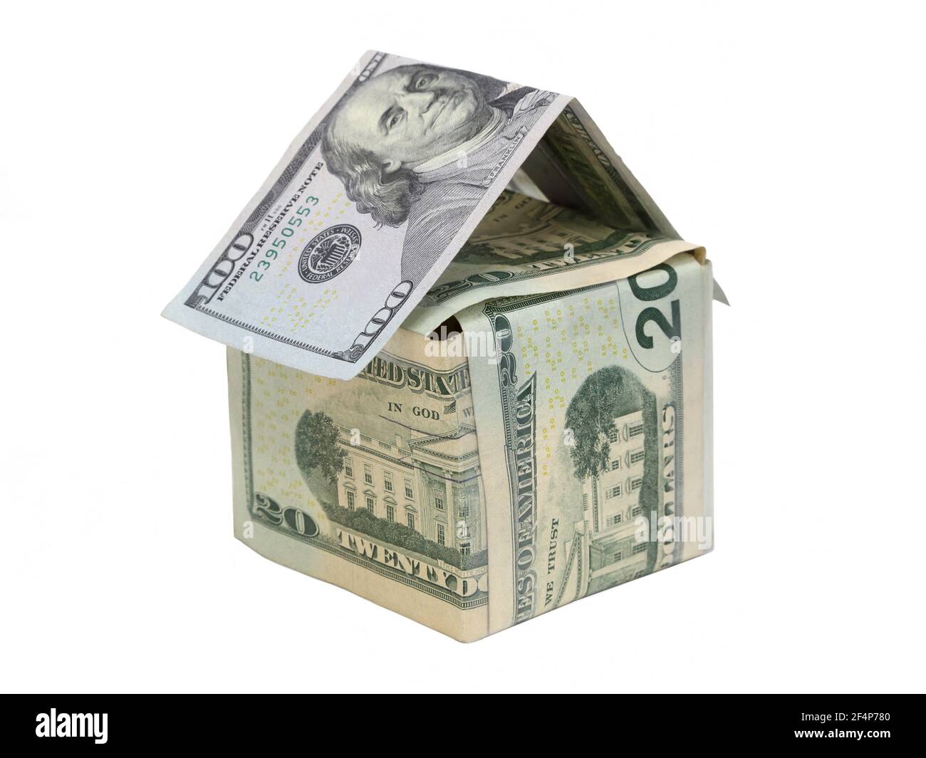 Stückelungen von USA-Dollar-Rechnungen sind angeordnet, um ein kleines Haus zu repräsentieren, zeigt Konzepte wie Hausbesitz, Arbeit und persönliche Finanzen. Stockfoto