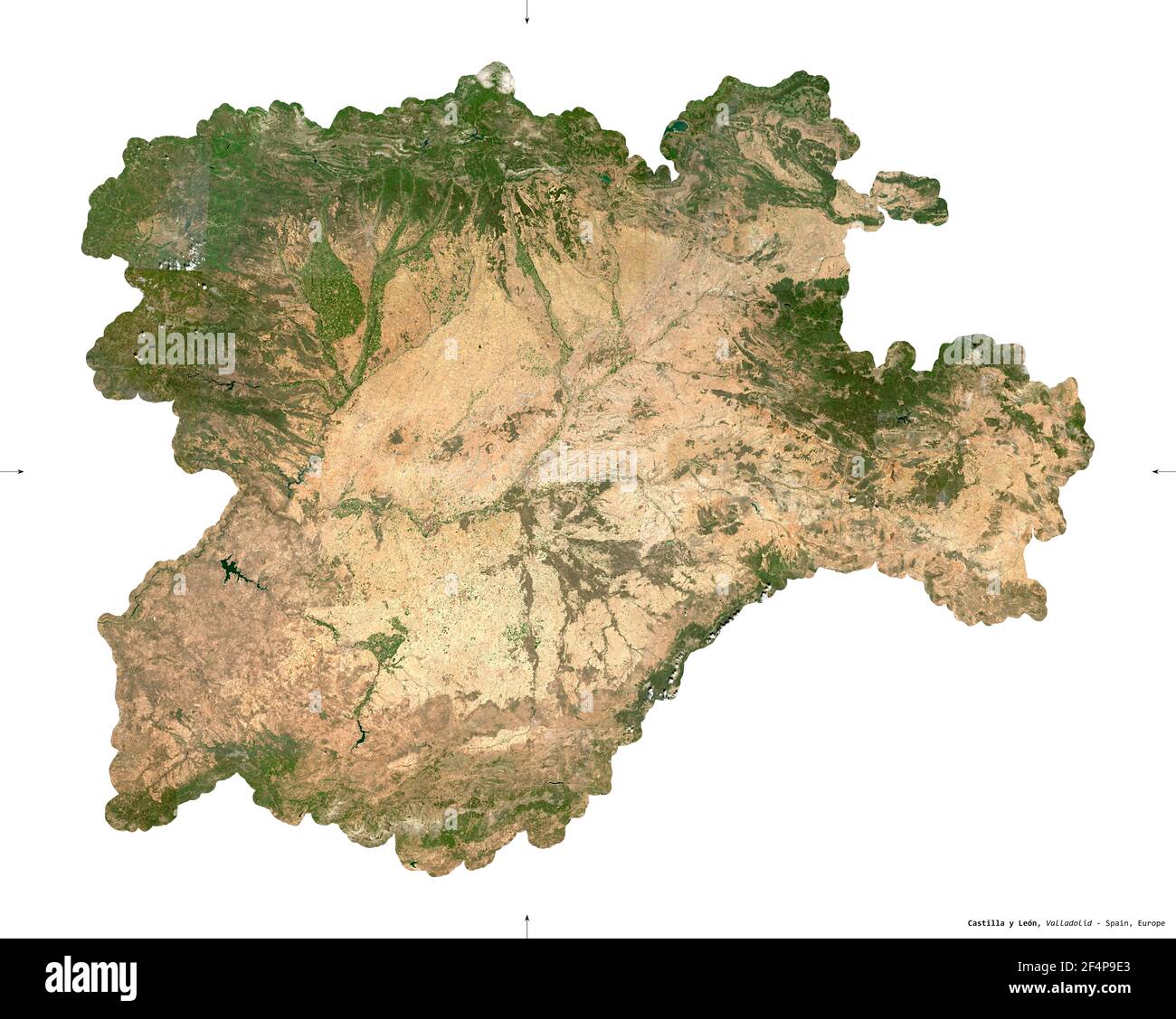 Castilla y Leon, autonome Gemeinschaft Spaniens. Sentinel-2 Satellitenbilder. Form isoliert auf weiß. Beschreibung, Lage der Hauptstadt. Enthält Stockfoto