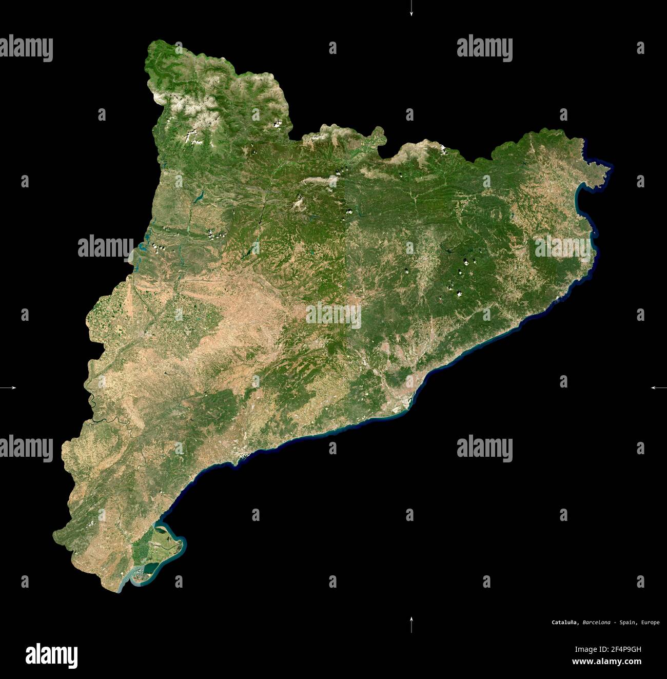 Cataluna, autonome Gemeinschaft Spaniens. Sentinel-2 Satellitenbilder. Form isoliert auf schwarz. Beschreibung, Lage der Hauptstadt. Enthält Modifie Stockfoto
